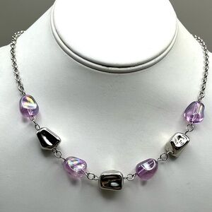 Elegant Silver and Iridescent Purple Beads Necklace& Dangle Earrings-Statement